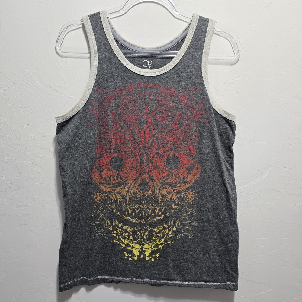 OP Ocean Pacific Men's Small Gray Sugar Skull Graphic Tank Top Cotton Goth Y2K